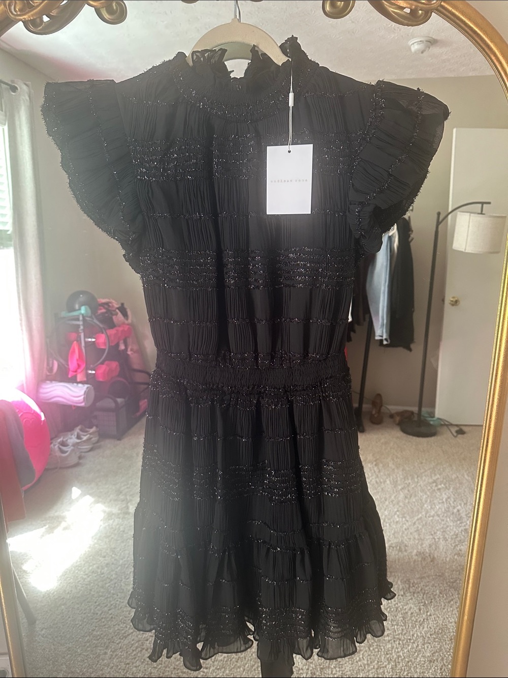 NWT Endless Rose Black Ruffle Mini Dress with Subtle Sparkle
